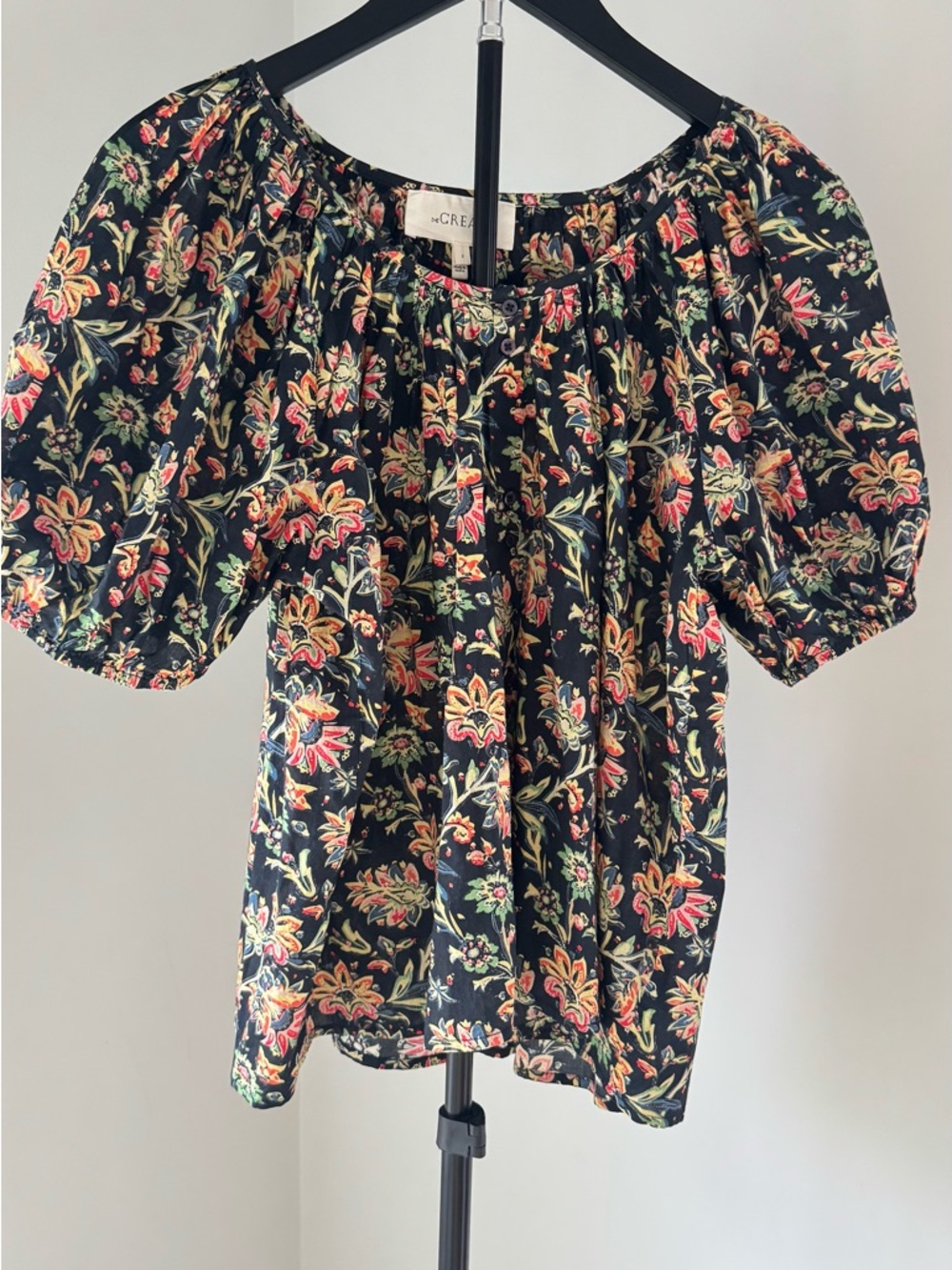 THE GREAT. Black Floral Puff-Sleeve Peasant Blouse